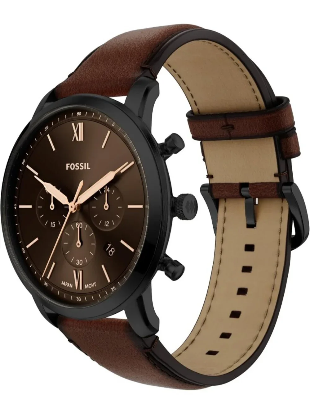 Men's Brown Leather Strap Black Neutra Quartz Stainless Steel Chronograph Watch